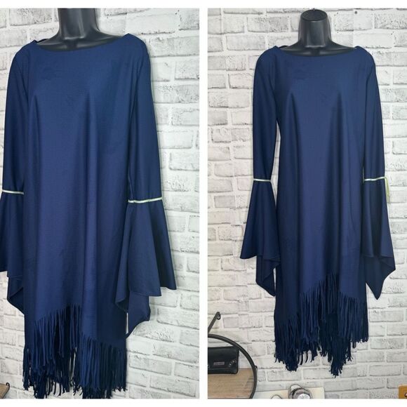 Navy Blue Bell Sleeve Fringe Dress Size 1X - Picture 1 of 4